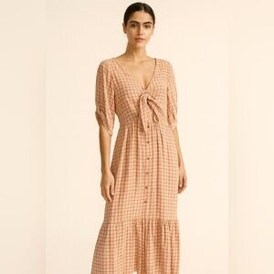Faithfull the Brand Anisha Maxi Dress Peach/Beige Emilinah Check Print Size M